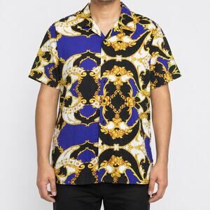 Suslo Couture Shirt Mens 2XL Blue Black Gold 4-Way Stretch Short Sleeve